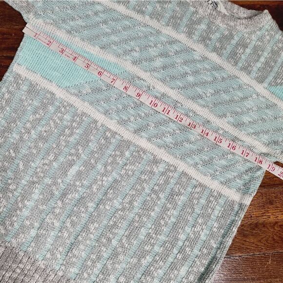 Vintage 80s 90s Mint Green Grey Striped Loose Knit Slouchy Sweater - Picture 7 of 12